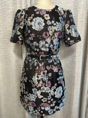 Gal Meets Glam Floral Jacquard Belted Mini Dress Black Blue 6P Petite